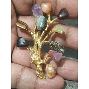 Multi Gem Amethyst Tigers Eye Tree Gold Tone Vintage Brooch